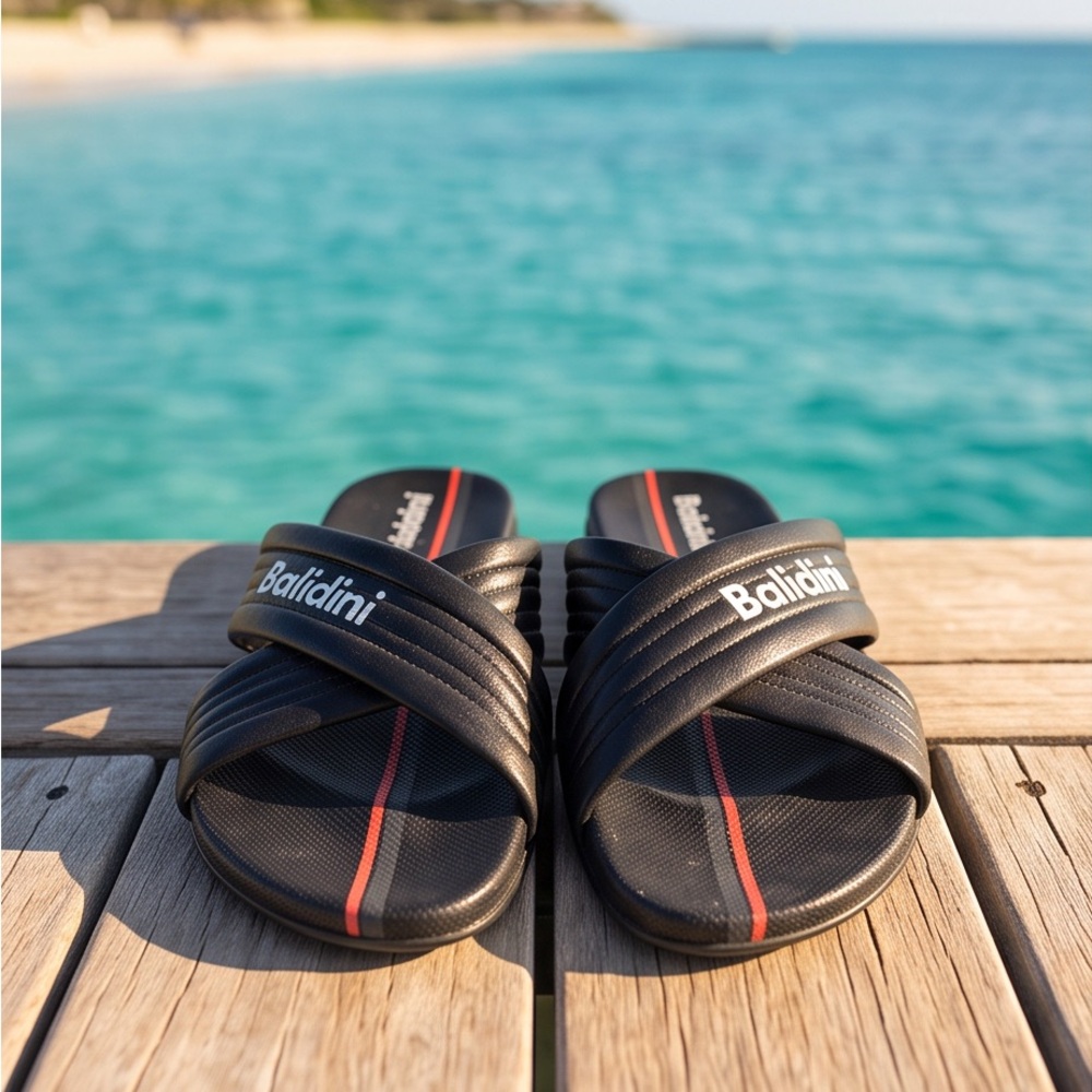 BALDININI 🇮🇹 MEN'S BLACK  SOFT LEATHER COMFORT FLAT SUMMER SANDALS